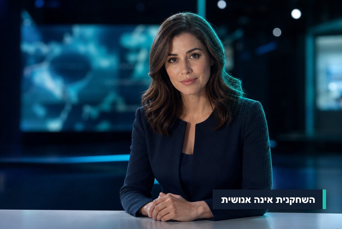 שחקנית בדיונית באולפן חדשות, שנוצרה בבינה מלאכותית, עם כתובית: השחקנית אינה אנושית