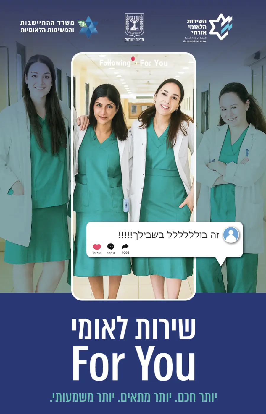 רשות השירות הלאומי-אזרחי — קמפיין For You שמנגיש שינוי היסטורי בשיטת המיונים לקהל של שמיניסטיות.